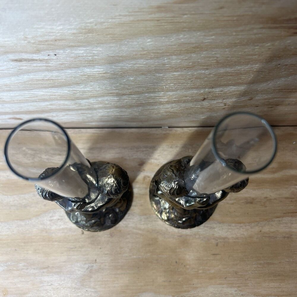 Vintage Victorian Style Cherub Bud Vases - Heavy Metal Angel Candle Holders Pair - Picture 5 of 7
